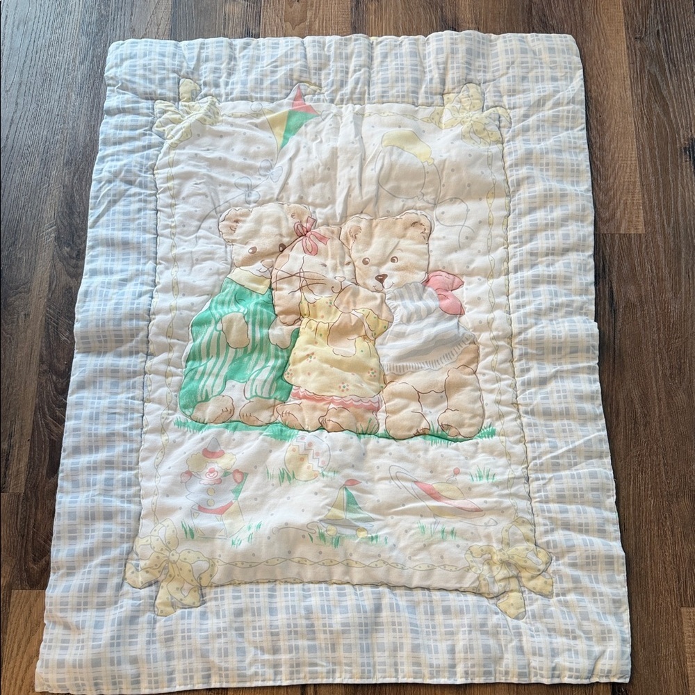 Teddy Beddy Bear & Bunny hugs kite blue plaid yellow bow Baby Blanket Comforter